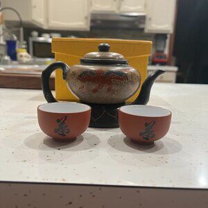 Yixing teapot and 2 cups